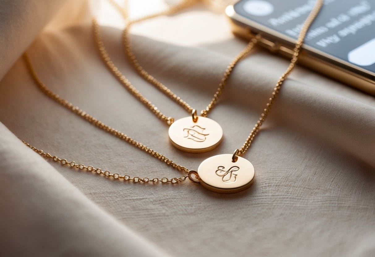 Two engraved necklaces with delicate pendants placed on soft fabric, symbolizing a long-distance relationship.