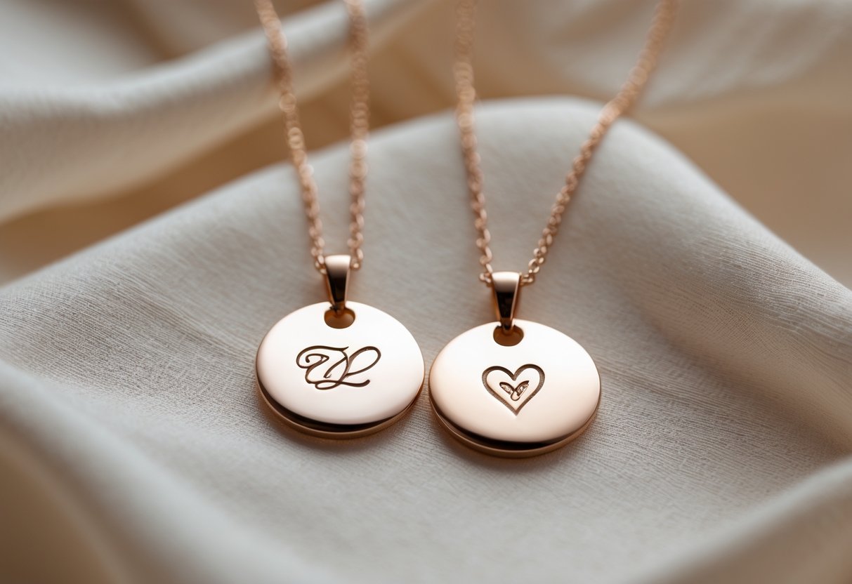 Two engraved necklaces with round pendants placed side by side on a soft fabric background.
