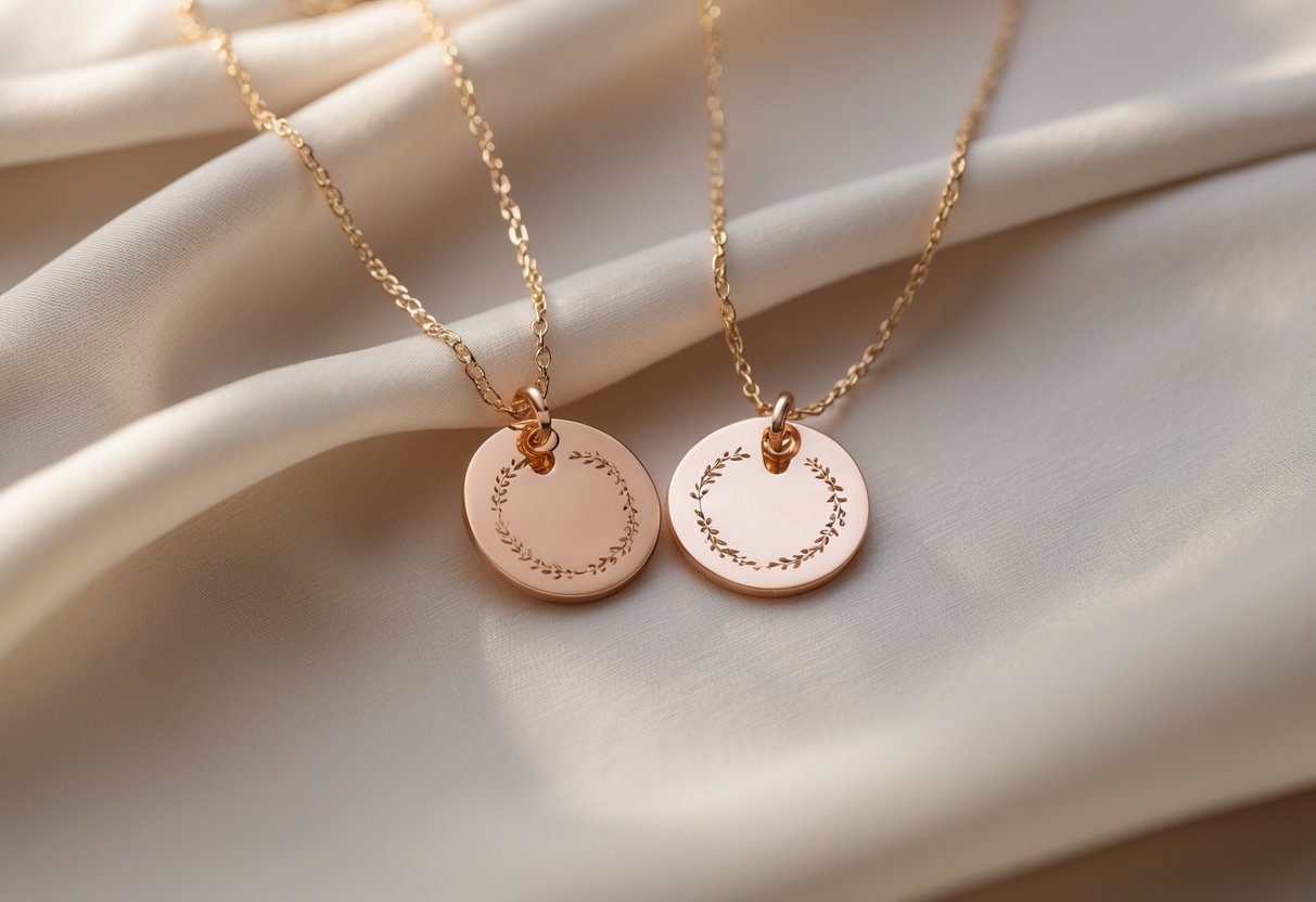 Two engraved necklaces with delicate chains placed side by side on a soft fabric background.