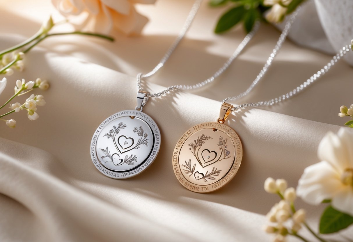 Two engraved necklaces for couples displayed on a soft background with delicate flowers around them.