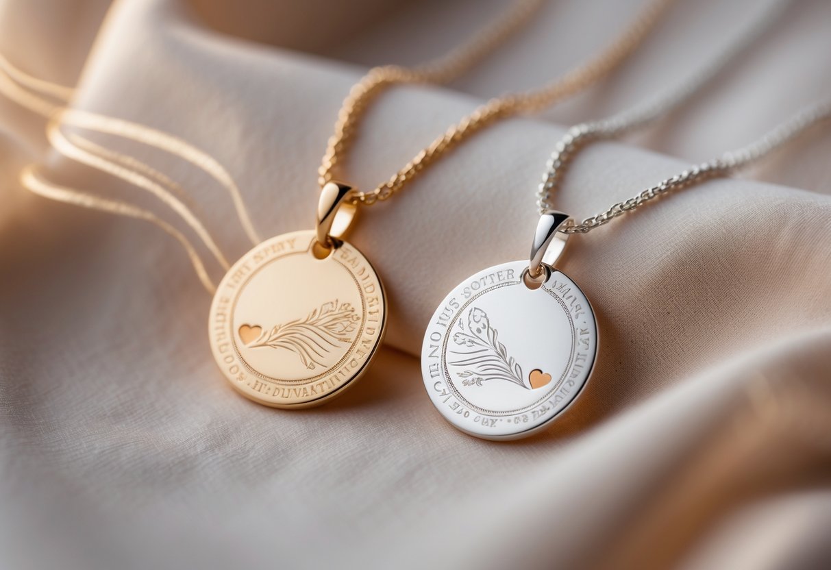 Two engraved necklaces placed side by side on a soft fabric background, symbolizing love and connection.
