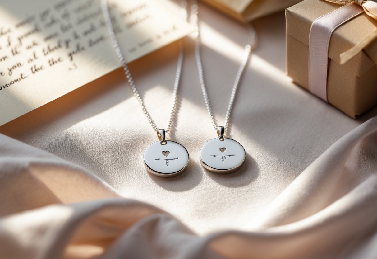 Two engraved necklaces with delicate pendants resting on soft fabric, accompanied by a handwritten letter and a small gift box.
