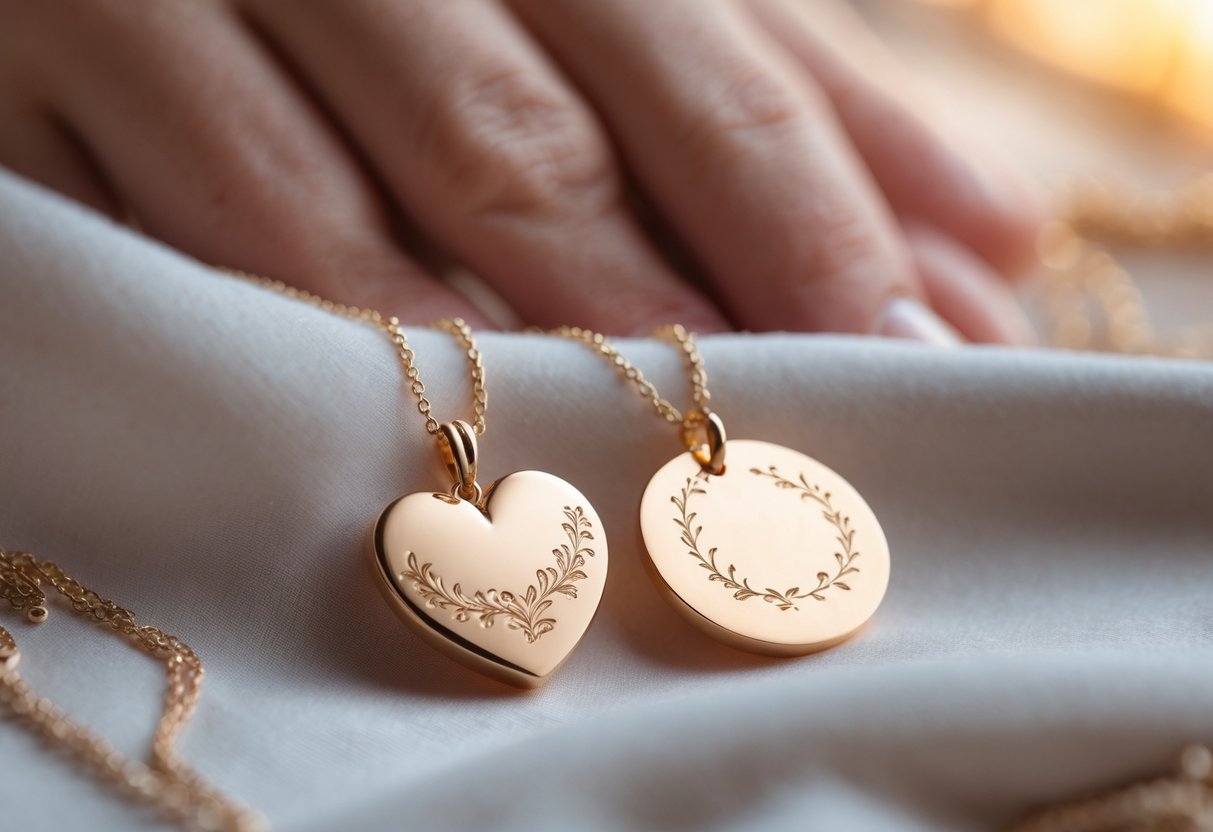 Close-up of two engraved necklaces on soft fabric with intertwined hands blurred in the background, symbolizing love and connection.