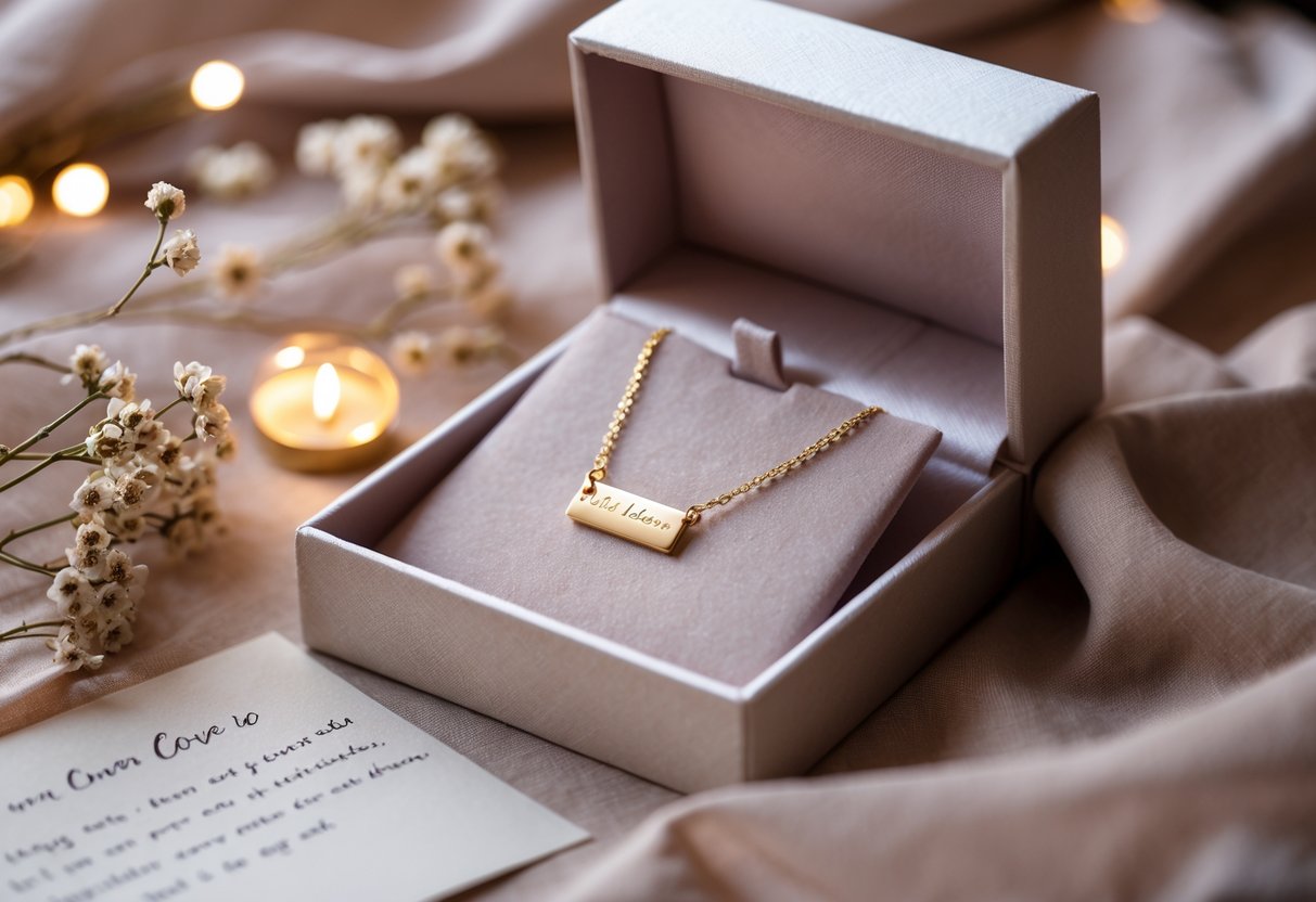 An open jewelry box displaying two engraved necklaces surrounded by dried flowers and a small card on a softly lit surface.