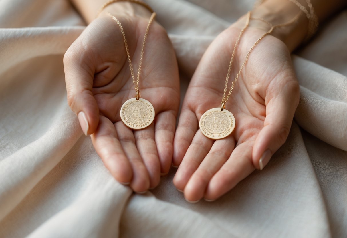 Two hands holding matching engraved necklaces symbolizing love in a long-distance relationship.