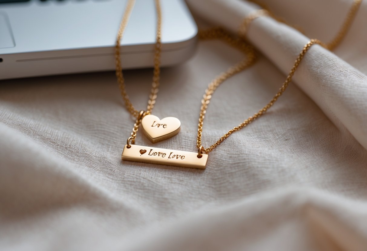 Close-up of two engraved necklaces on soft fabric with a laptop and cozy home background, symbolizing love and long-distance relationships.