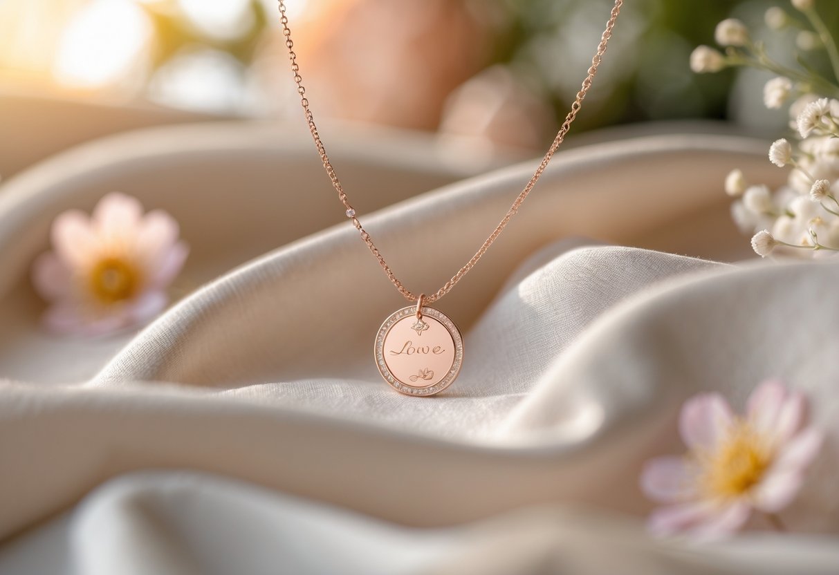 Close-up of an engraved necklace resting on soft fabric with warm natural light and floral accents around it.