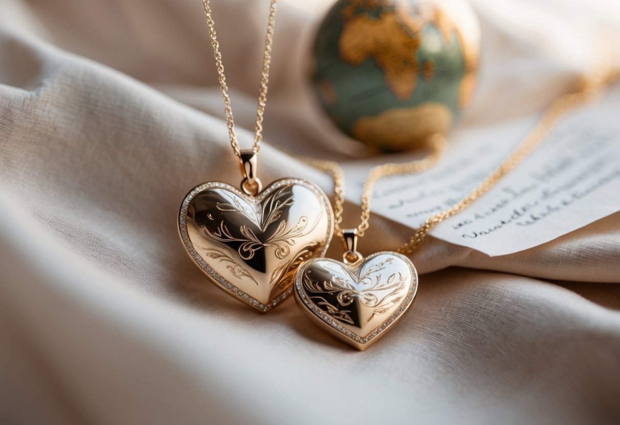 Two heart-shaped engraved necklaces placed on soft fabric with a handwritten letter and a small globe blurred in the background.