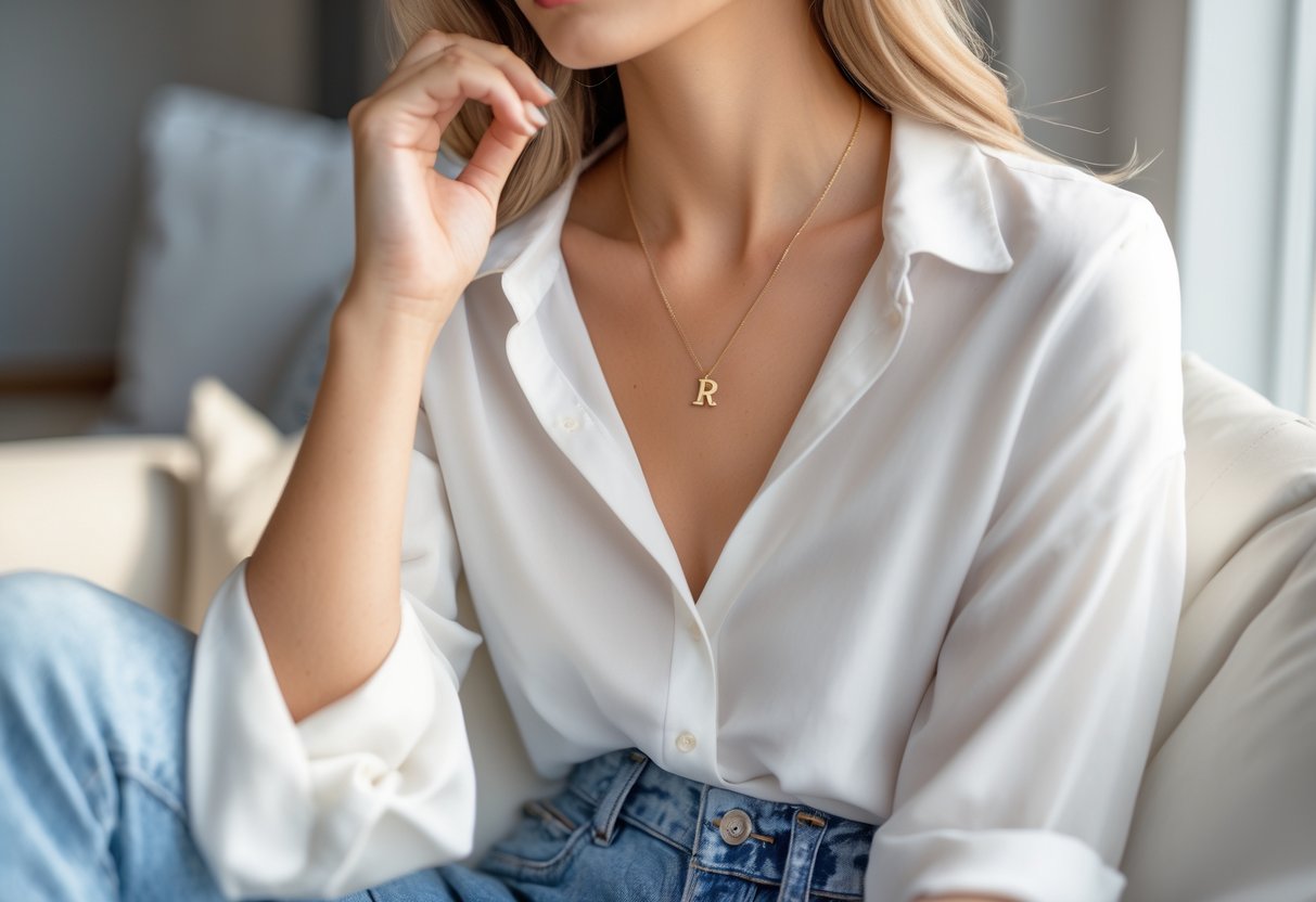 Close-up of a woman wearing a gold initial necklace with a white blouse and denim jeans.