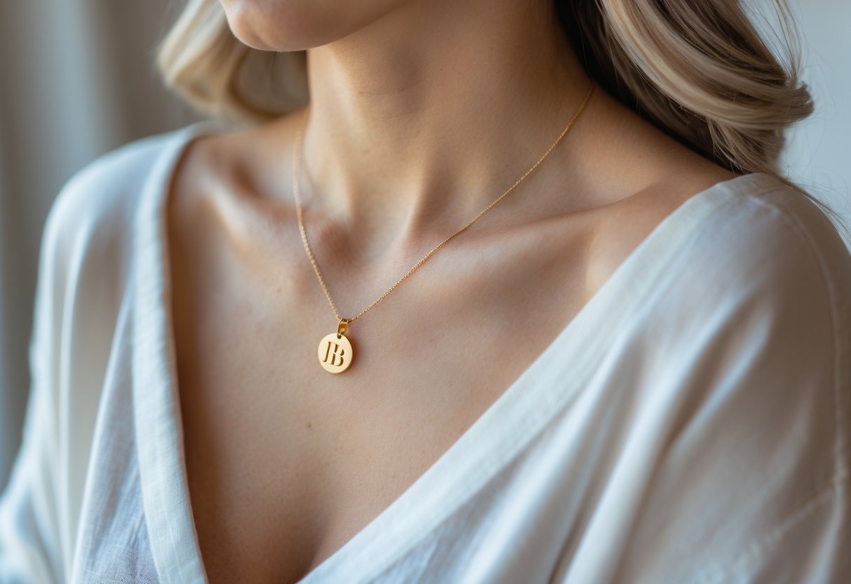 Close-up of a woman wearing a gold initial necklace paired with a casual white blouse.