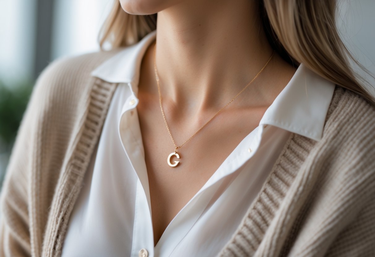 Close-up of a woman wearing a gold initial necklace paired with a casual outfit.
