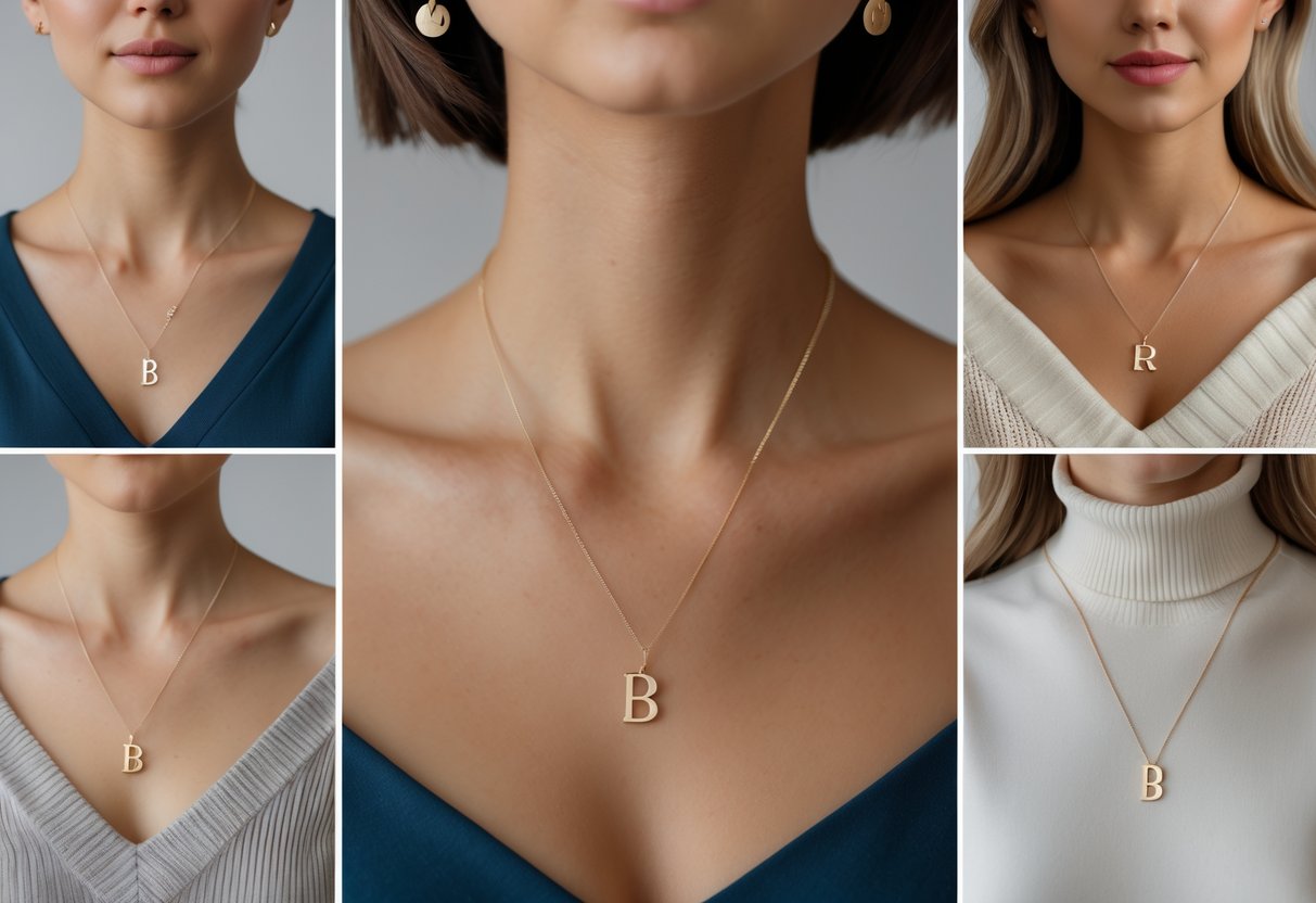 Close-up of a woman wearing an initial necklace paired with different necklines including V-neck, crew neck, off-shoulder, and turtleneck tops.