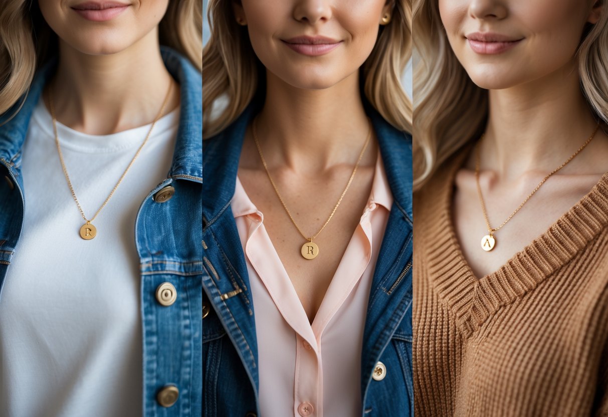 Close-up of a woman wearing a gold initial necklace styled with three different outfits: a white t-shirt with denim jacket, a pastel business blouse, and a warm knitted sweater.