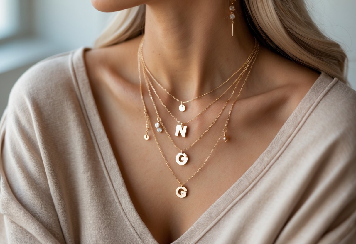 Close-up of a woman's neck wearing layered initial necklaces with other jewelry and a casual top.