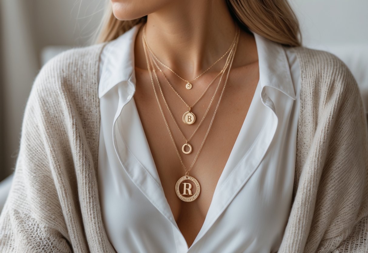 A woman wearing layered necklaces including an initial pendant, dressed in a casual outfit with a blurred background.
