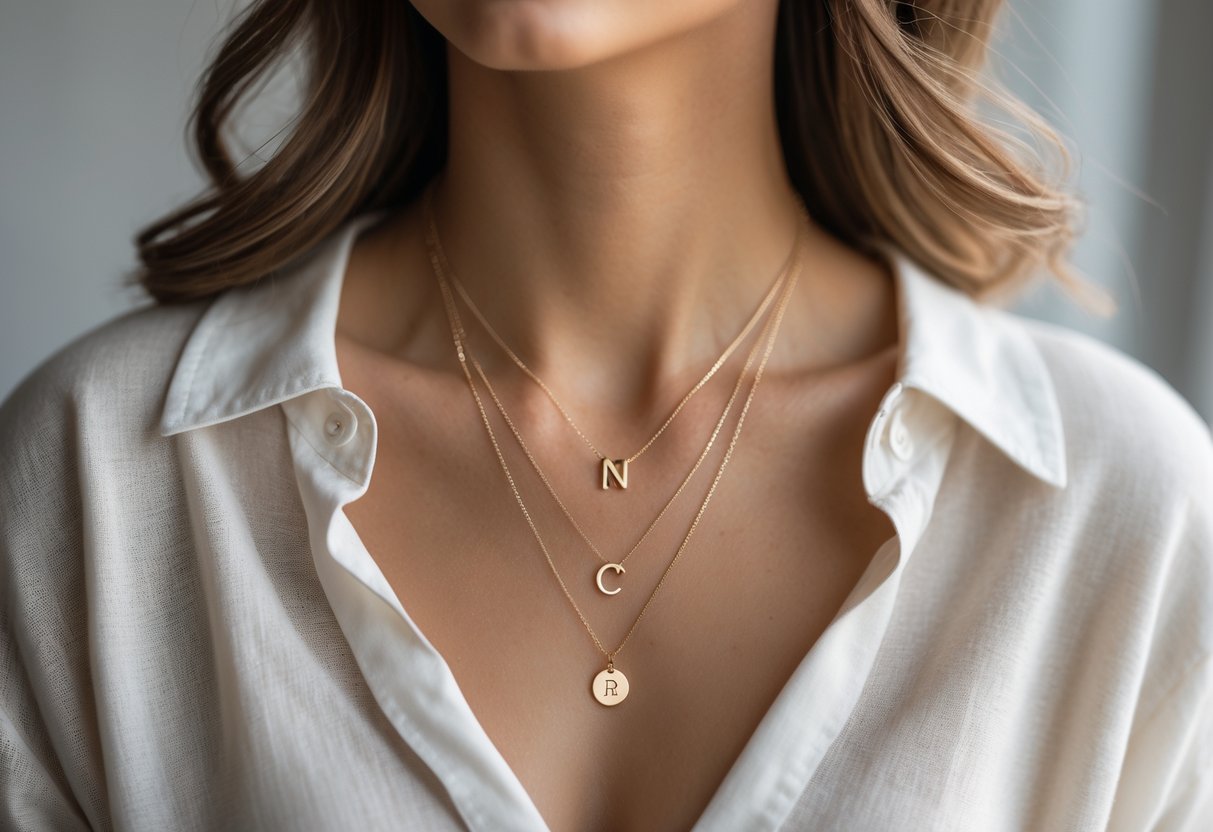Close-up of a woman's neck wearing two layered necklaces, one with an initial pendant and one statement necklace, paired with a simple everyday outfit.