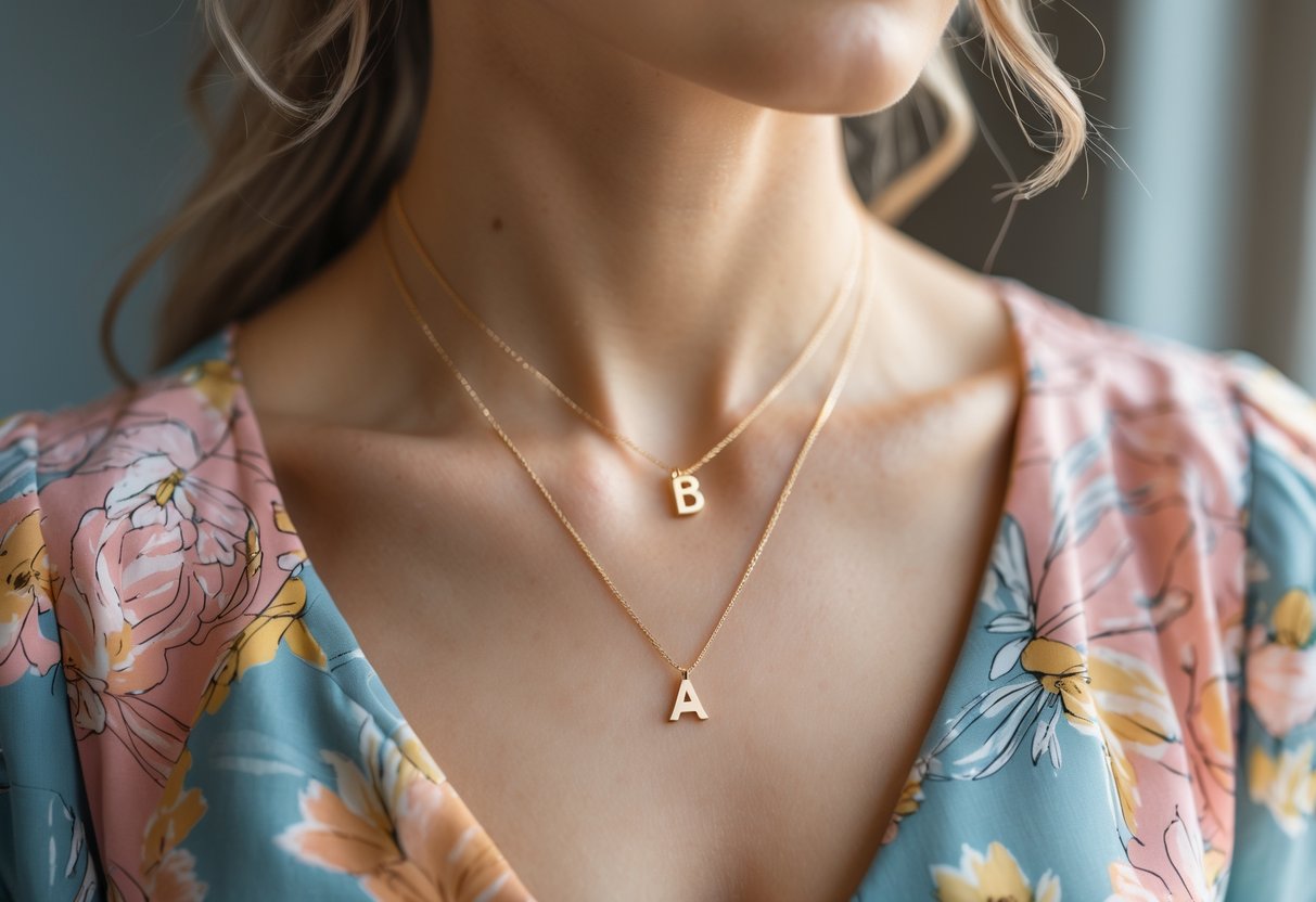 Close-up of a woman's neck wearing a gold initial necklace paired with a colorful patterned blouse.
