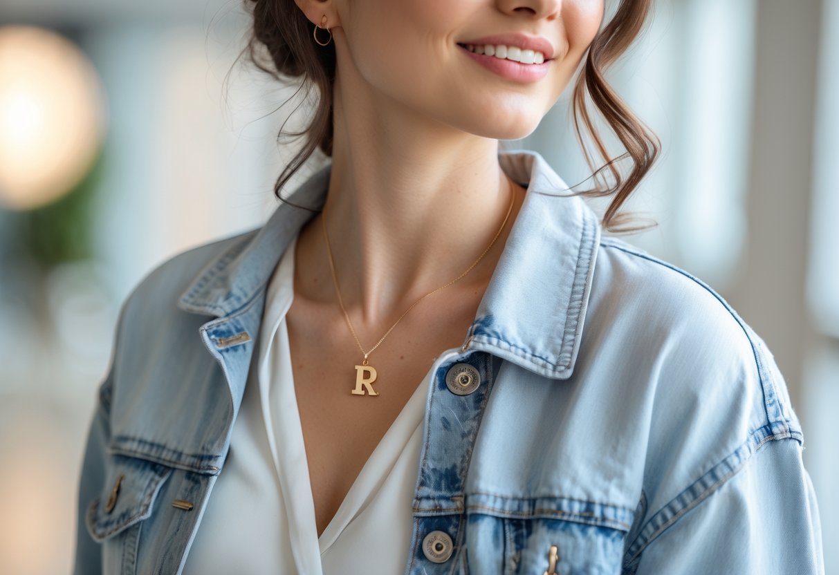 A young woman wearing a gold initial necklace with a white blouse and denim jacket, smiling indoors.