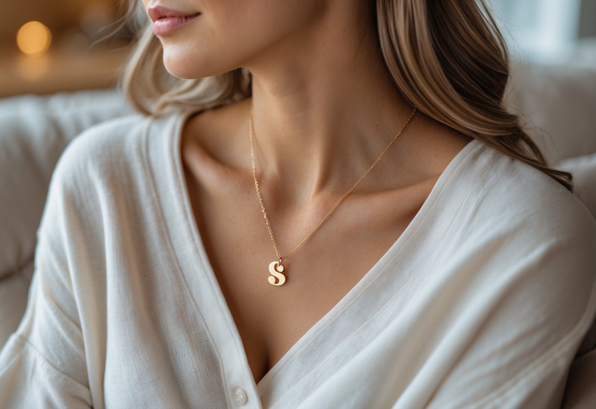 Close-up of a woman wearing a gold initial necklace paired with a casual white blouse in a softly lit indoor setting.