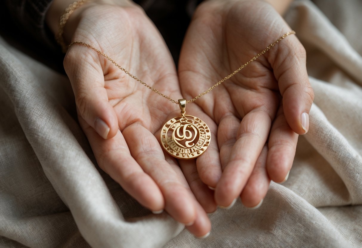 Close-up of hands holding a gold necklace with intertwined initials pendant symbolizing family heritage.