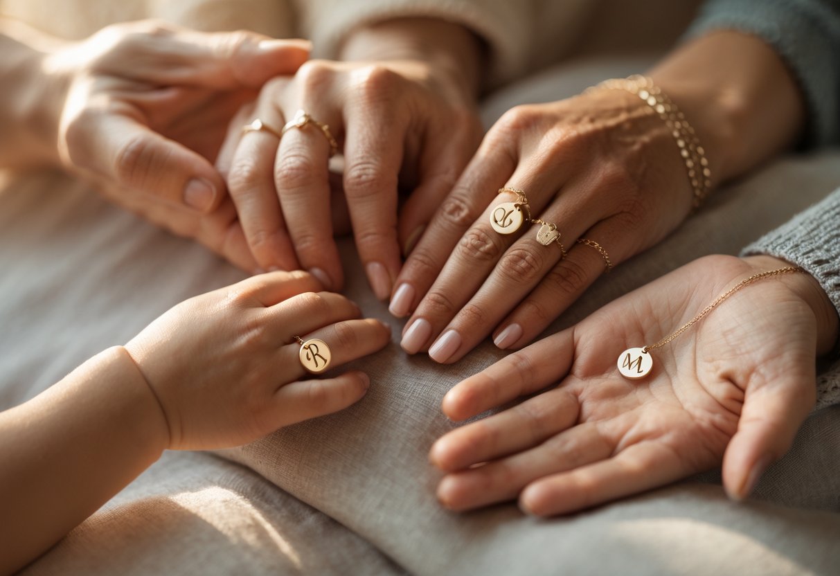 Close-up of hands from different generations wearing jewelry with engraved initials, symbolizing family heritage and sentimental value.