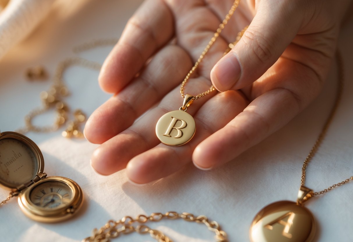 Close-up of a hand holding a gold initial necklace with family heirloom jewelry in the background.