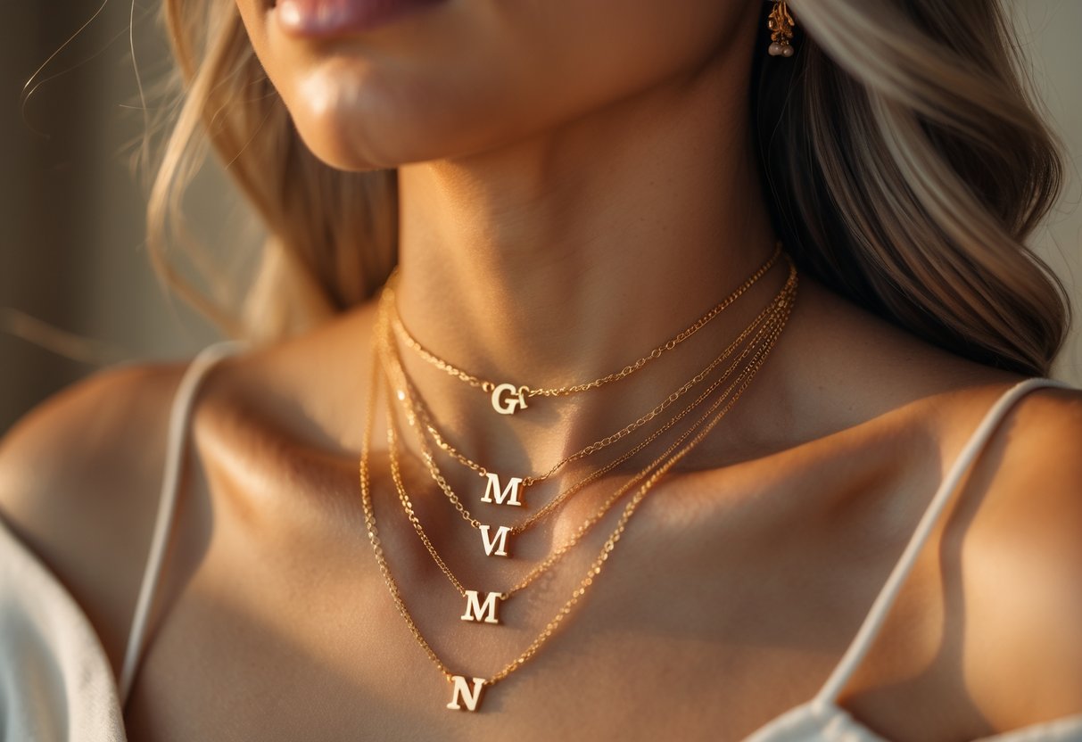 Close-up of a woman's neck wearing several layered gold initial necklaces.