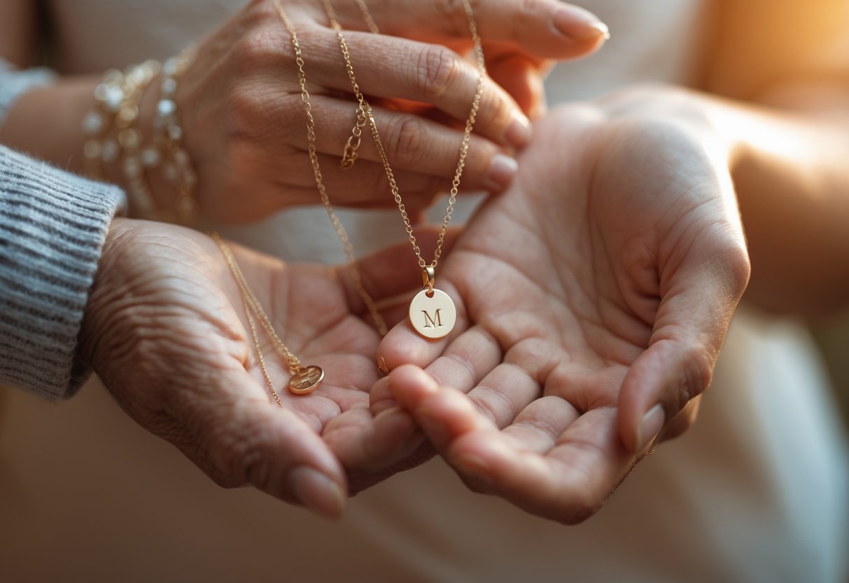 Close-up of two pairs of hands exchanging a gold initial necklace, symbolizing passing down jewelry between generations.