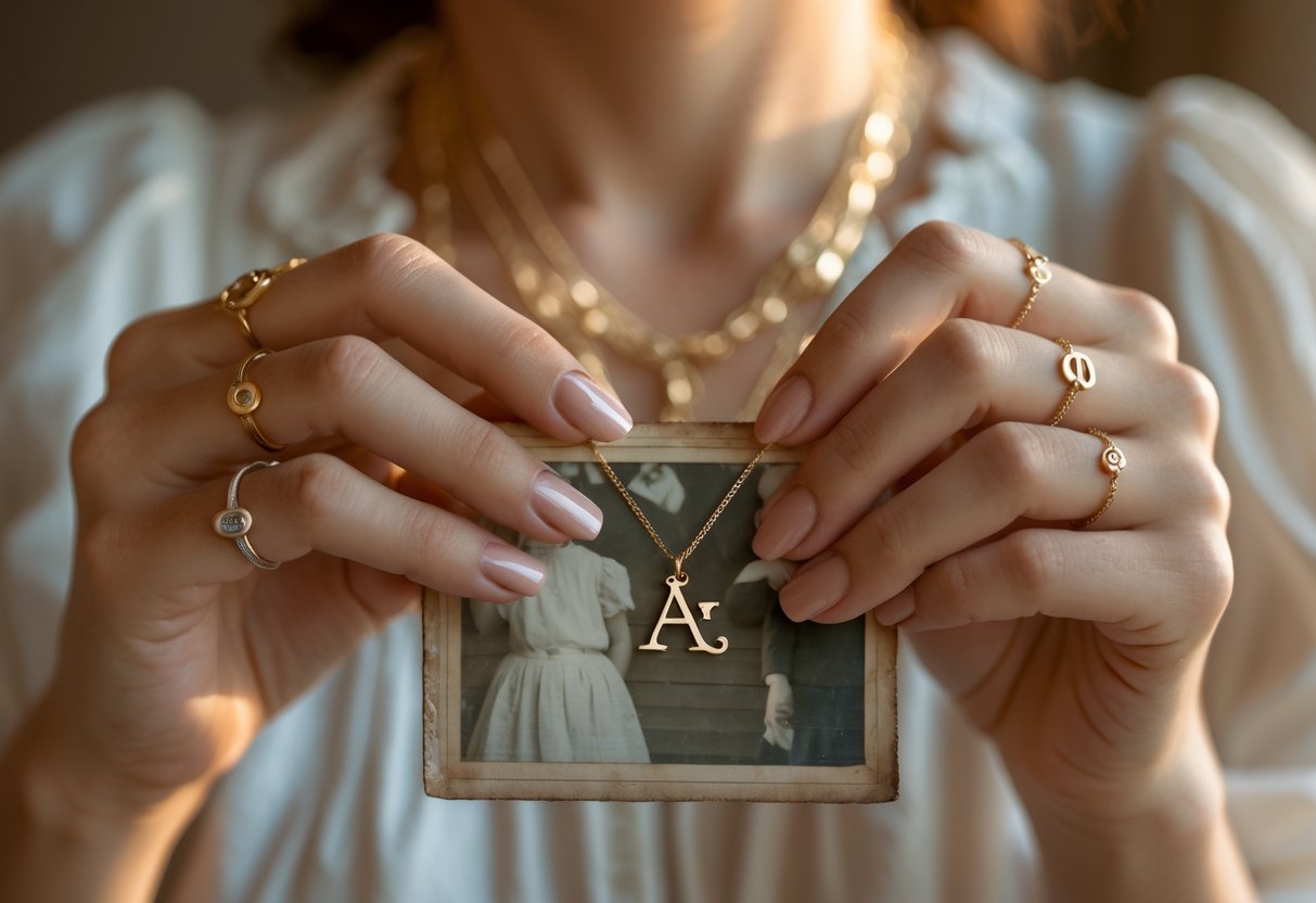Close-up of hands wearing initial jewelry while holding a vintage family photograph.