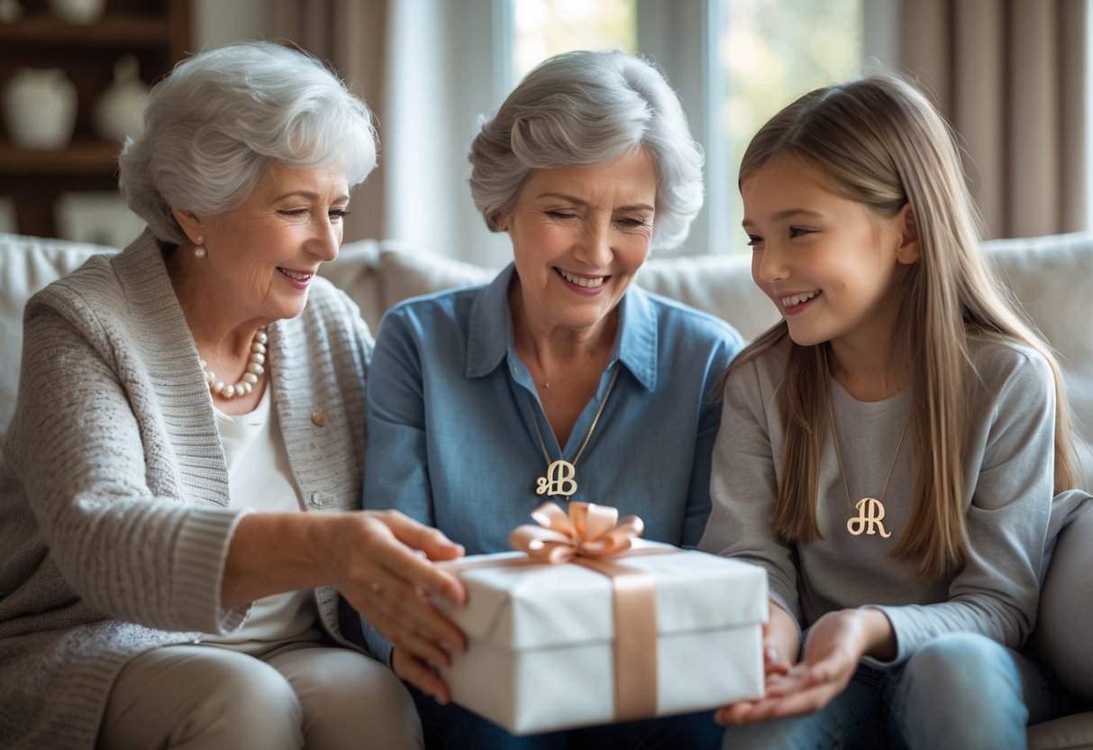 Three generations of a family sharing a gift, with personalized initial jewelry visible, sitting together in a cozy living room.