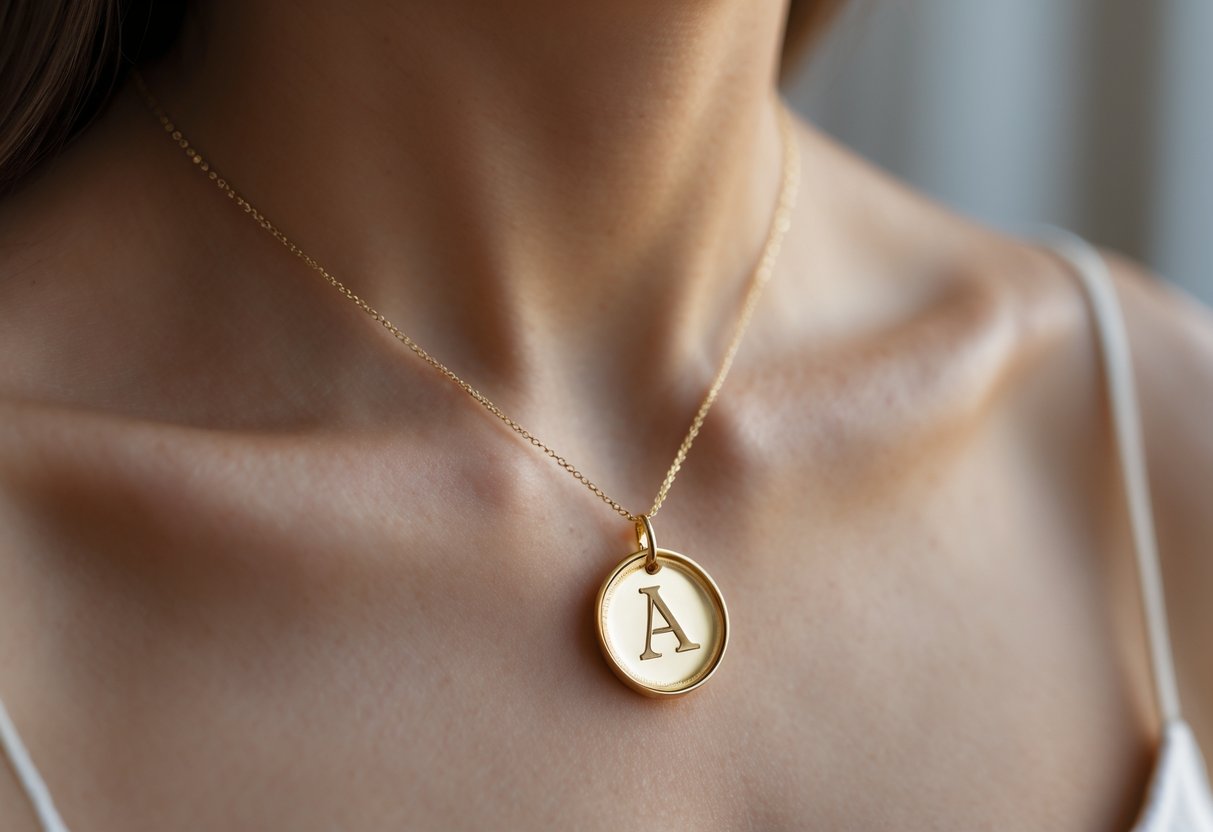 Close-up of a gold initial pendant necklace worn on a person's collarbone with a blurred background.