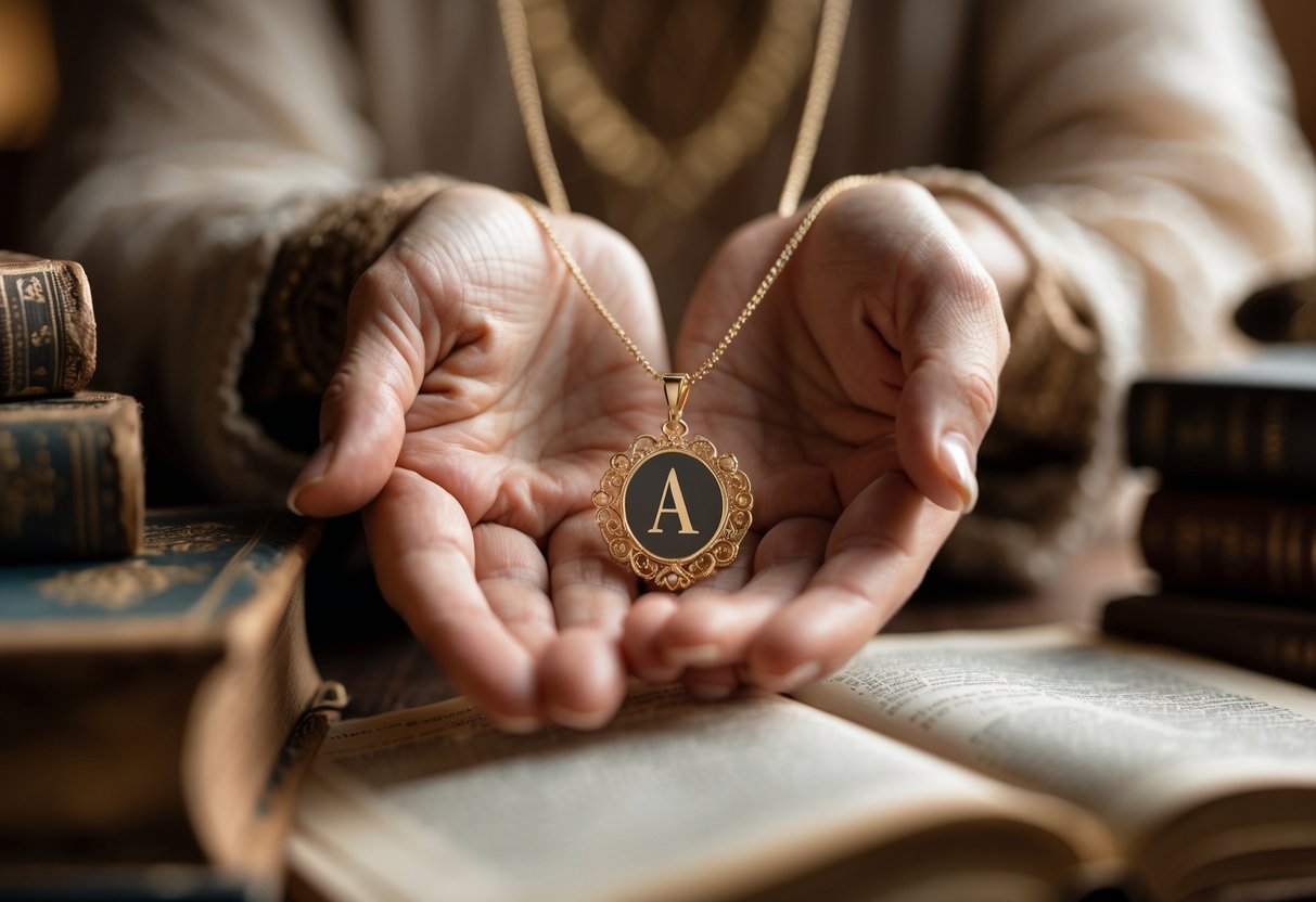 Close-up of hands holding a gold necklace with an initial pendant, with vintage books and wooden surfaces in the background.