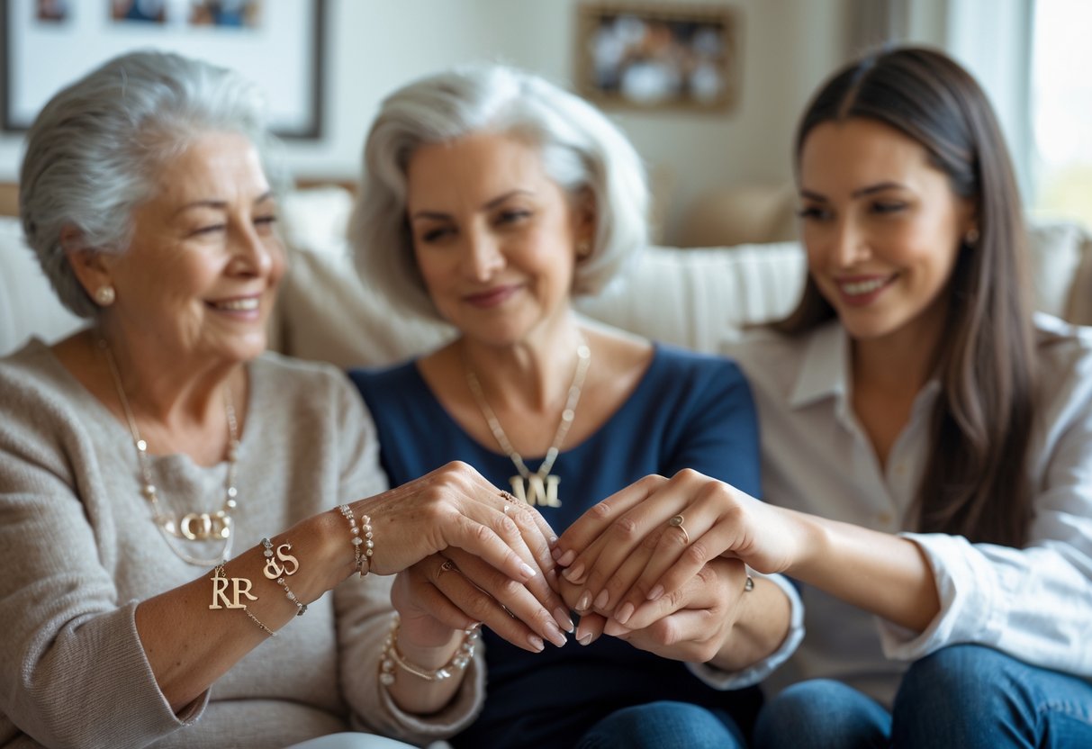 Three generations of women sitting together, each wearing jewelry with their initials, showing a family bond.