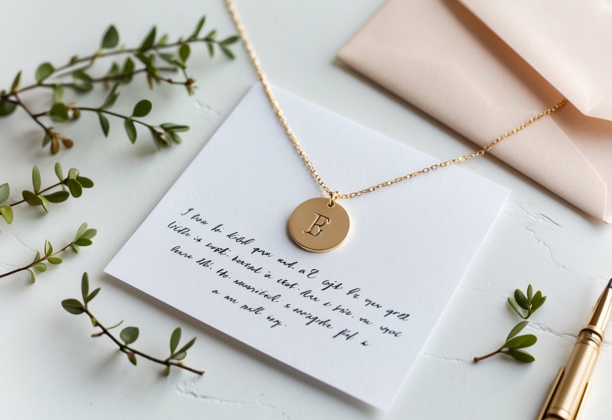 A flat lay of an initial necklace on a handwritten note card with greenery and a gold pen on a white surface.