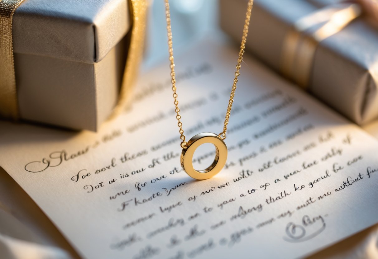 Close-up of an initial necklace placed on a handwritten note with a partially open gift box nearby.