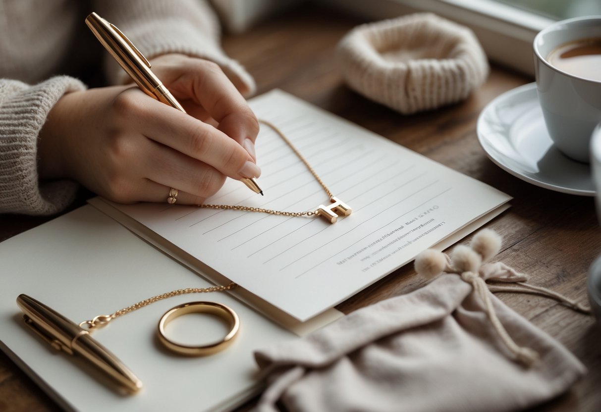 A person writing a handwritten note next to an initial necklace resting on a gift box on a wooden desk.