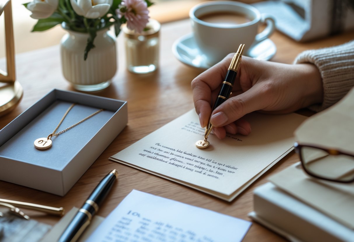 A person writing a gift note next to an open box containing an initial necklace on a wooden desk.