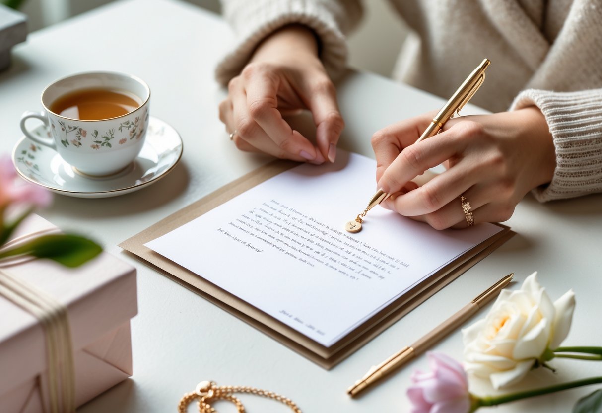 Hands writing a note next to an initial necklace placed on a desk with flowers and a gift box.
