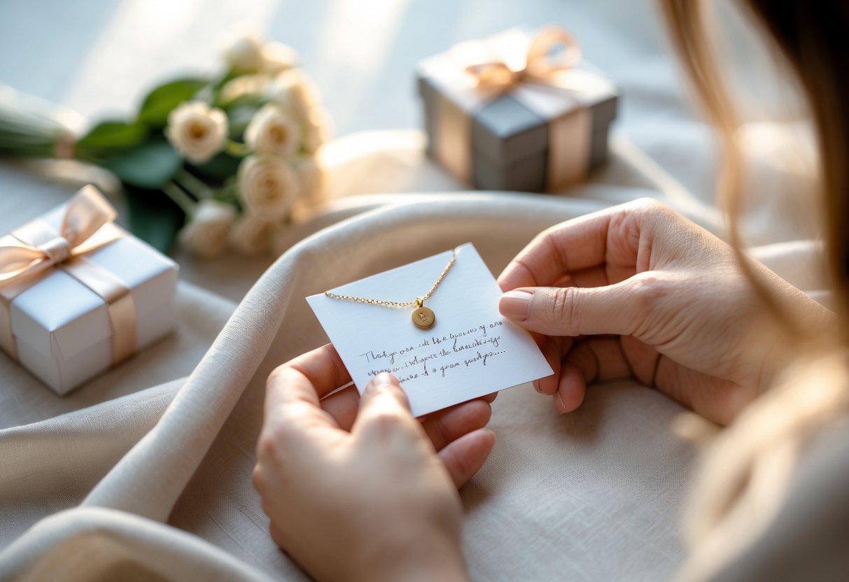 Hands holding a small note card next to an initial necklace on a soft surface with flowers and a gift box nearby.