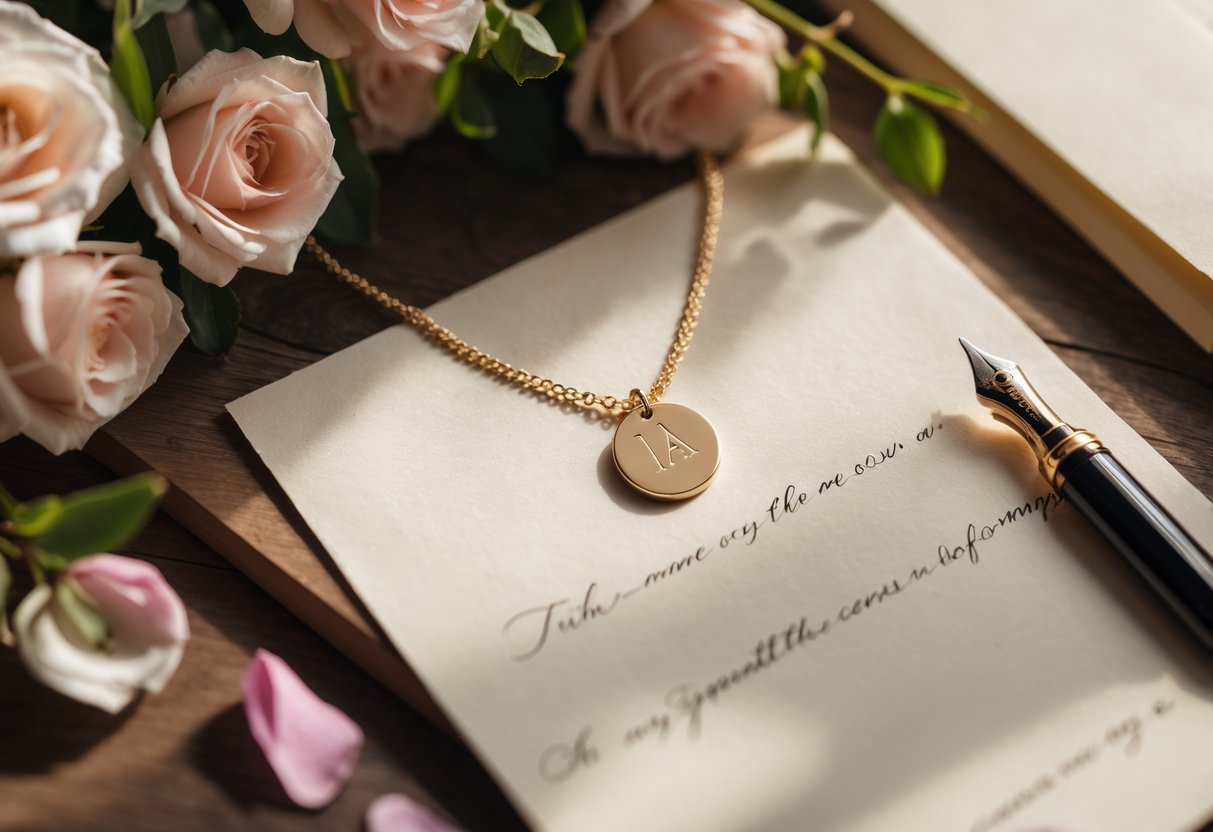 Close-up of an initial necklace placed next to a handwritten note with flowers and a pen on a wooden table.