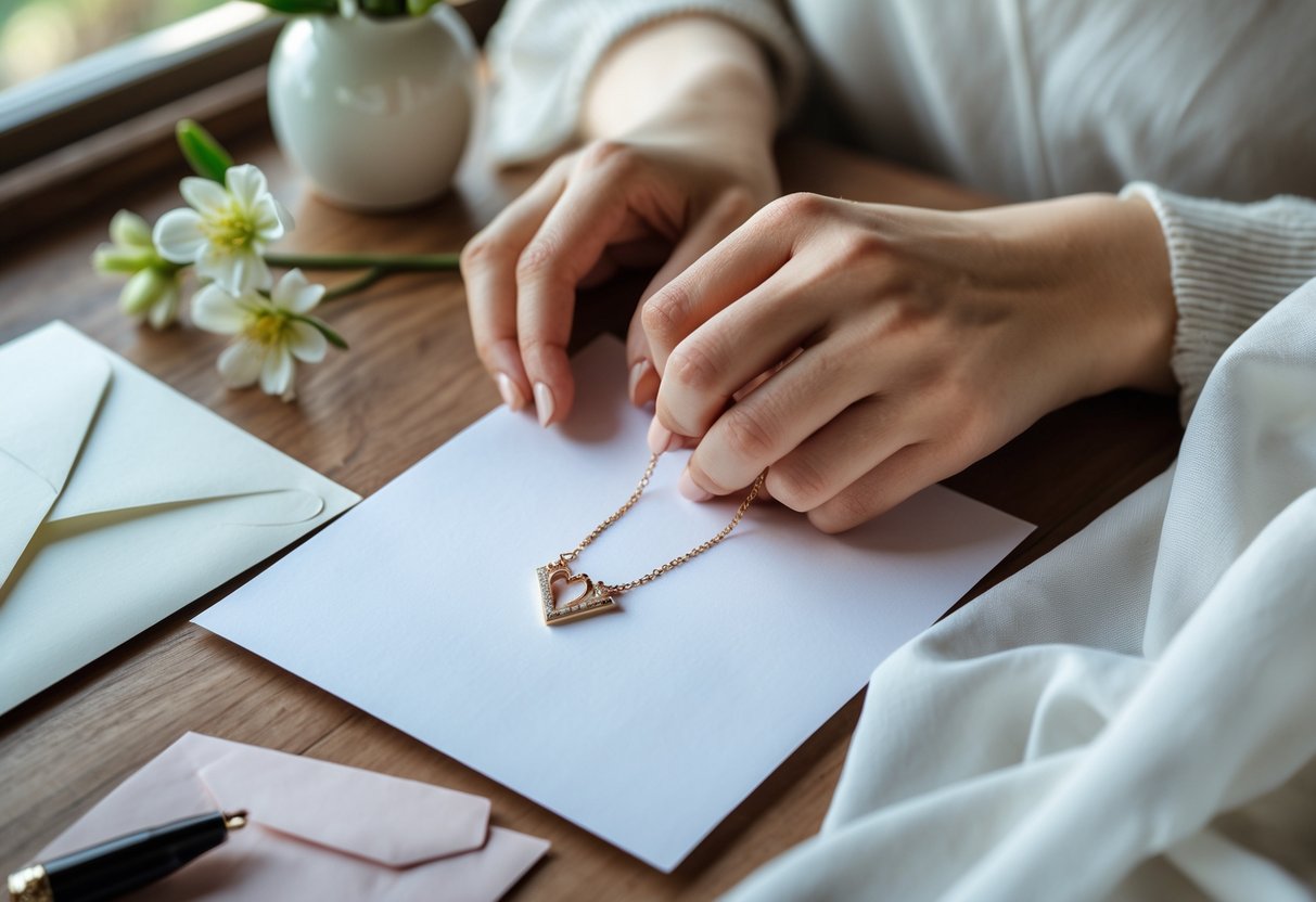 Hands writing a note next to an initial necklace on a wooden desk with flowers and stationery nearby.