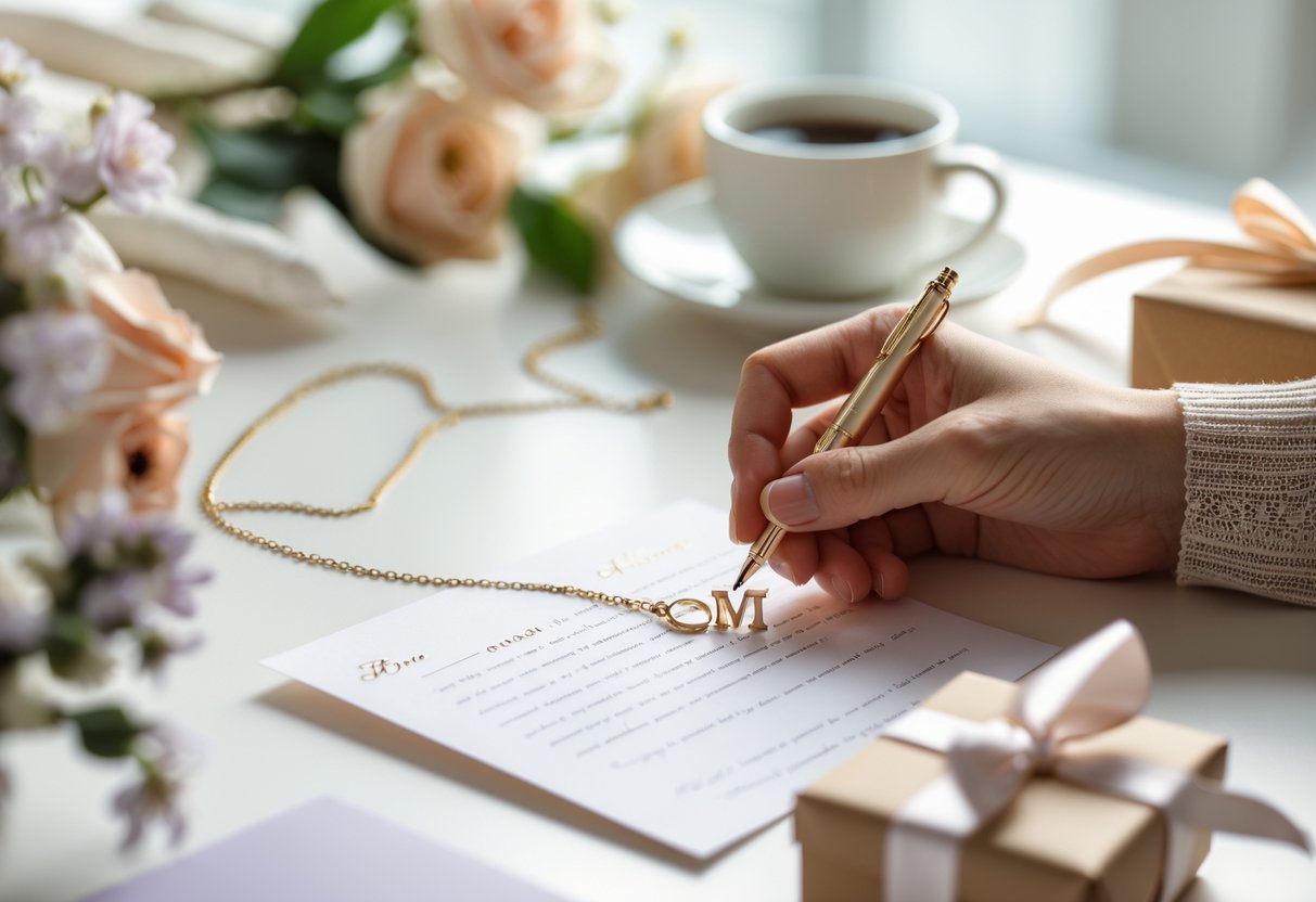 Hands writing a note next to an initial necklace on a table with flowers, coffee, and a gift box.