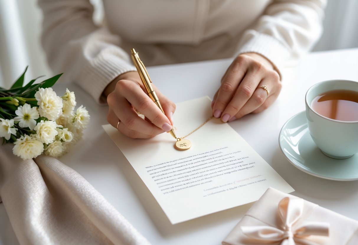 Hands writing a note next to an initial necklace on a soft fabric with flowers and a cup of tea nearby.
