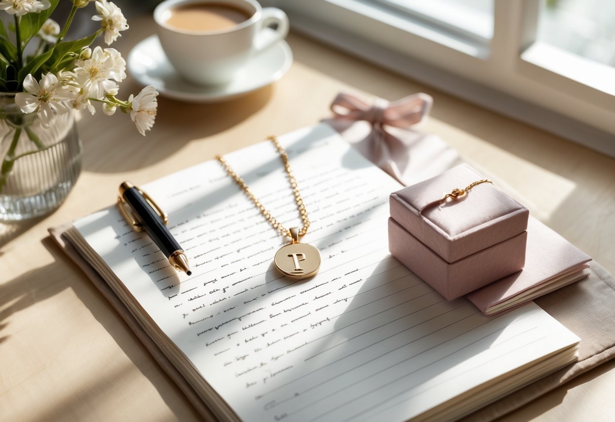 A flat lay of an initial necklace on a velvet box next to an open notebook with handwritten notes and a pen on a wooden table, with flowers and a cup of coffee nearby.