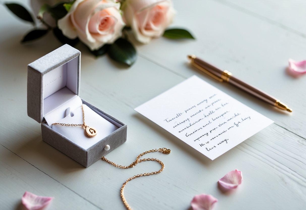 A delicate initial necklace in a jewelry box next to a handwritten note and pen on a wooden table with flowers and rose petals.