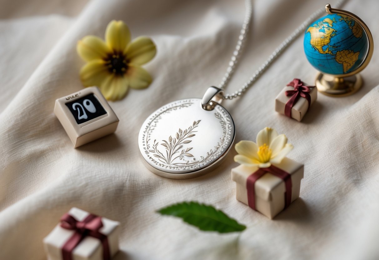 Close-up of an engraved necklace pendant placed on soft fabric with small objects like a calendar, globe, gift box, and flower around it.