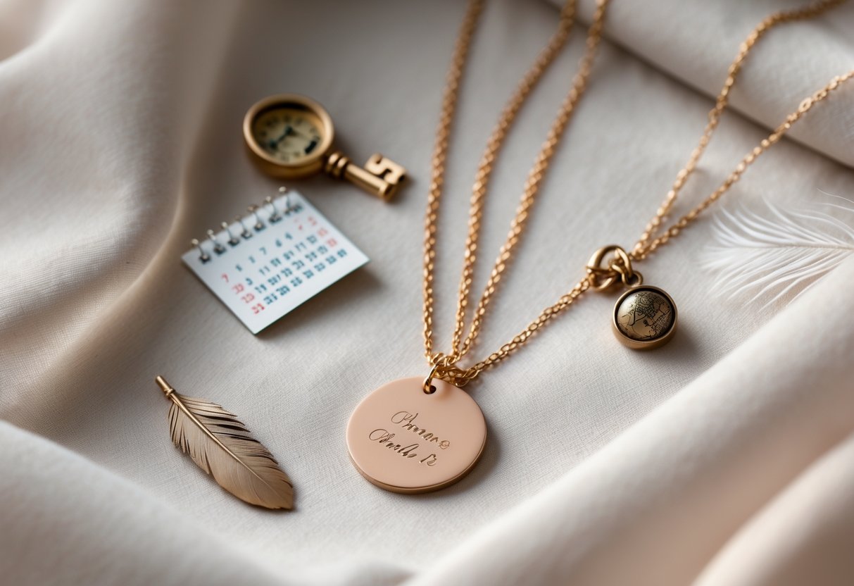 Close-up of engraved necklaces displayed on fabric with small symbolic items representing unique occasions around them.