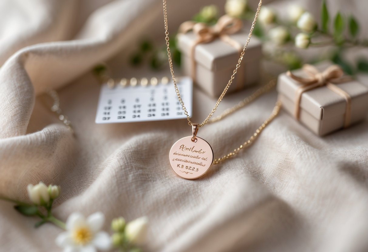 Close-up of an engraved necklace on soft fabric with small props like a calendar, gift box, flowers, and a note around it.