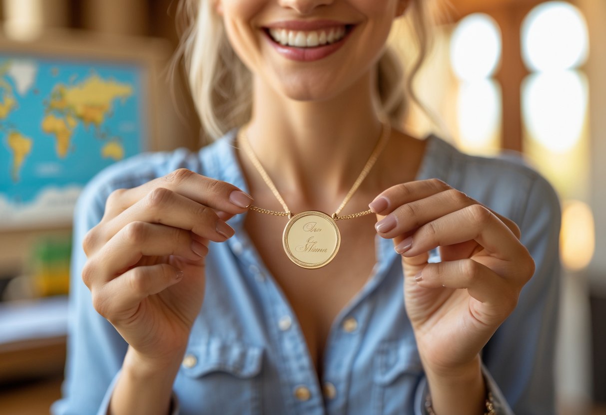 A woman smiling while holding an engraved necklace, surrounded by hints of travel and celebration.