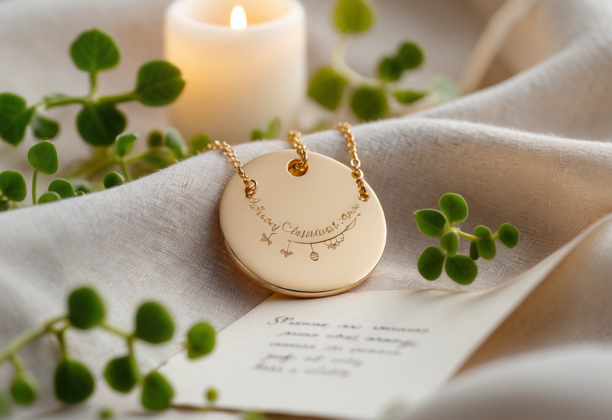An engraved necklace displayed on soft fabric with a small green plant, a glowing candle, and a handwritten note nearby.